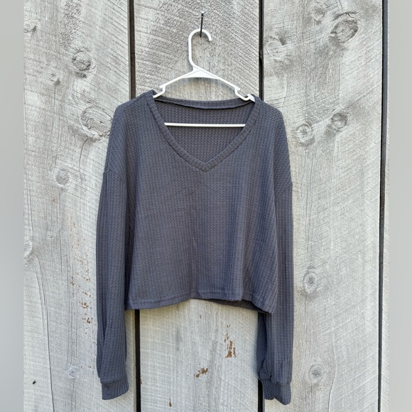 SHEIN Tops - SHEIN EZ Wear drop shoulder long sleeve V neck grey ribbed top size L